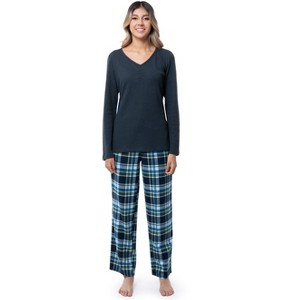 Fruit of the Loom Women's Long Sleeve V-Neck Waffle Top and Flannel Bottom Pajama Set - 1 of 4