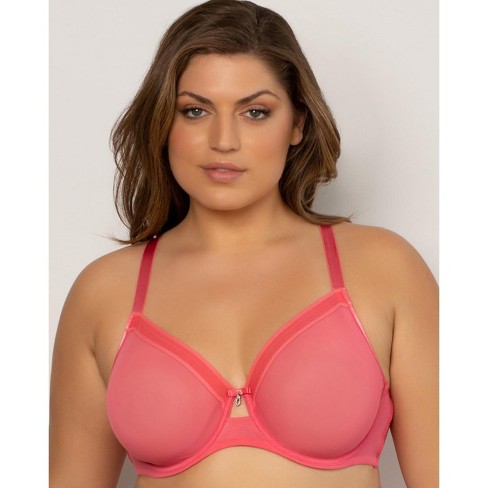 Curvy Couture Women's Sheer Mesh Full Coverage Unlined Underwire Bra Sun  Kissed Coral 44D