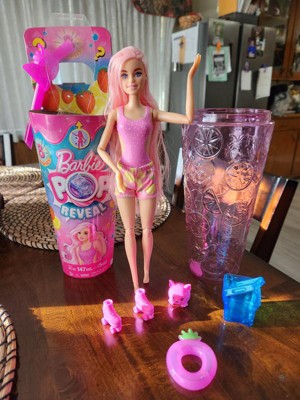  Barbie Pop Reveal Fruit Series Doll, Strawberry Lemonade Theme  with 8 Surprises Including Pet & Accessories, Slime, Scent & Color Change :  Toys & Games