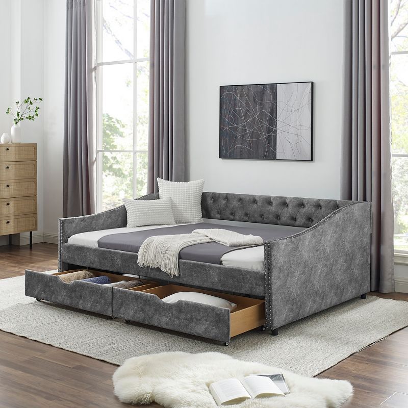 Full Size Upholstered Button Tufted Sofa Bed with Drawers and Waved Shape Arms, Gray - ModernLuxe, 2 of 11