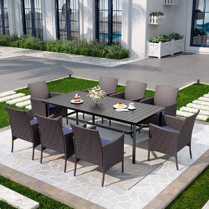 Captiva Designs 9pc Spacious Slat-top Rectangle Metal Table with Umbrella Hole & Armrest Rattan Chairs - 1 of 4