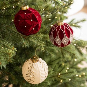 12PCS 3.15 Inch Shatterproof Christmas Ornaments - Velvet Flocked Painted Plastic Balls, Multiple Colors Unique Shapes for Xmas Tree Decorations - 1 of 4