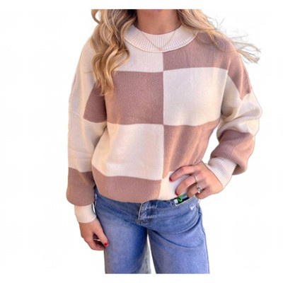 Women's Casey Checkered Side Slits Drop Shoulder Oversized Sweater - fashionworks