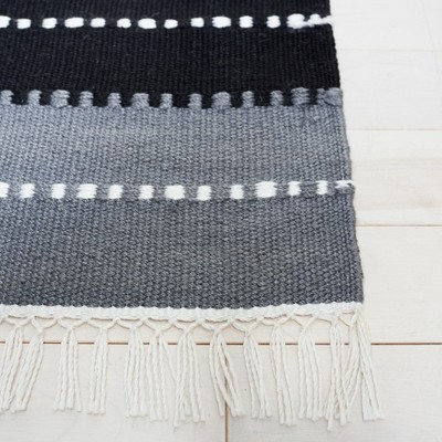 Handmade Black and Ivory Striped Wool Square Rug