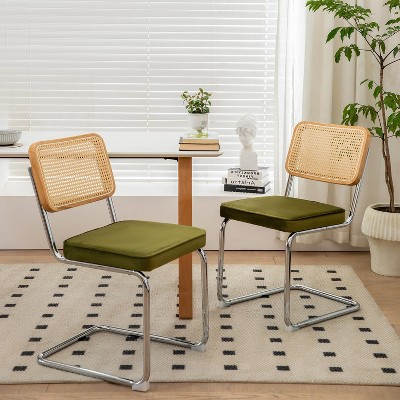 Angel Sar Rattan Dining Chairs Set of 2, Armless Green Kitchen Dining Chair with Velvet Cushion, Handwoven Rattan Back & Sturdy Metal Frame, Green