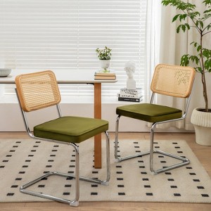 Angel Sar Rattan Dining Chairs Set of 2, Armless Green Kitchen Dining Chair with Velvet Cushion, Handwoven Rattan Back & Sturdy Metal Frame, Green - 1 of 4