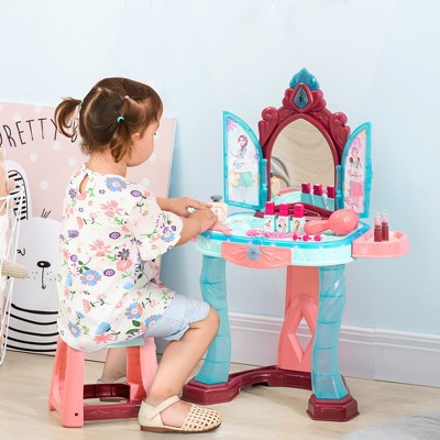 Infurnic Doll Playsets Kids Vanity Set with Self-Opening Magic Mirror, Princess Makeup Vanity Table Set Tabletop with Light, Blue, 24.00"*17.30"*5.30"