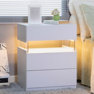 White 3-Drawer LED Nightstand with Acrylic Panels