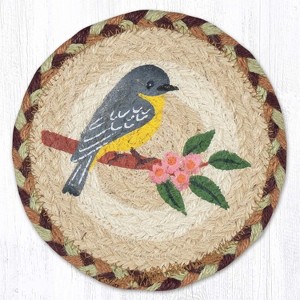 Earth Rugs Finch with Flowers Round Coaster – 7"x7" Hand-Braided Jute Accent with Botanical Bird Design - 1 of 3