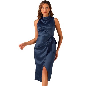 Allegra K Women's Stand Collar Sleeveless Tie Ruched Waist Satin Dresses - 1 of 4