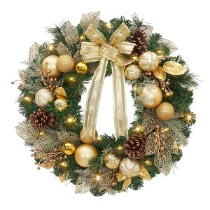 Christmas Wreath, Pre-Lit Xmas Wreath for Front Door with Gold Bowknot, Artificial Holiday Accent with Ball Ornaments, Ribbons, Pine Cones - 1 of 4