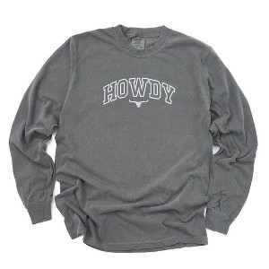 Simply Sage Market Women's Embroidered Howdy Bull Varsity Long Sleeve Garment Dyed Tee - 1 of 3