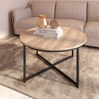 Modern Round Coffee Table with Metal Base - Perfect for Living Room or Office - Light Brown - 35.04" x 35.04" x 18.11"