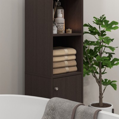 Espresso Tall Wooden Cabinet with Adjustable Shelving and Mirror
