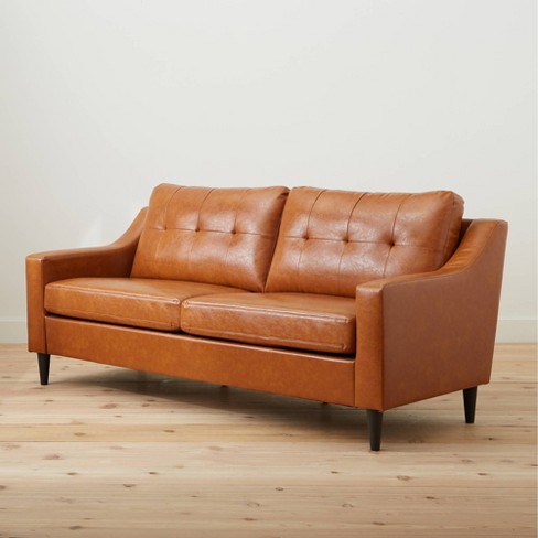 Ellen Upholstered Scooped Arm Sofa With, Tufted Camel Leather Sofa
