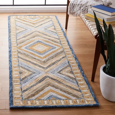 Navy and Gold Geometric Wool Runner Rug, 2'3" x 5'