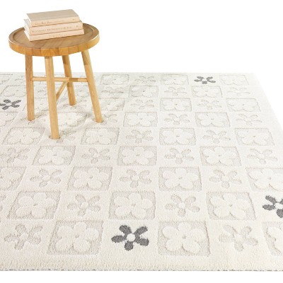 Gray and Off-White Rectangular Synthetic Kids' Rug
