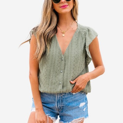 Amaryllis Women’s Textured Button Front Cap Sleeve Relaxed Fit Lightweight V-Neck Casual Blouse Flutter Detail