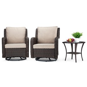 Outdoor Swivel Rocker Patio Chairs Set of 2 with Matching Side Table – 3-Piece High-Density Wicker Bistro Set with Premium Apricot Fabric Cushions - 1 of 4