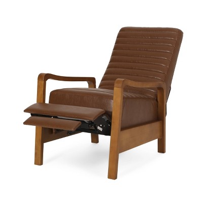 Munro Cognac Brown Faux Leather Recliner with Teak Wood Frame
