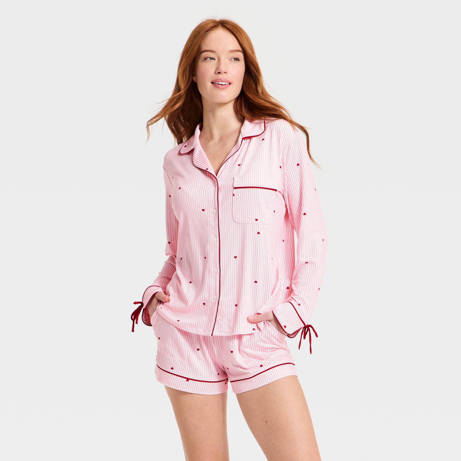 Women's Jersey Long Sleeve Notch Collar Shirt and Shorts Pajama Set - Auden™ Pink Striped S