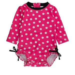 RuffleButts Baby Girls Polka Dot Long Sleeve UPF50+ One Piece Rash Guard - 1 of 3