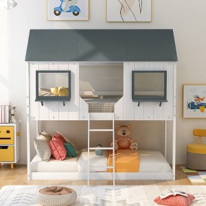 NicBex Twin over Twin Bunk Bed House Shape Loft Bed Pine Bed Frame with 2 Windows, Guardrail and Inclined Ladder, No Box Spring Required - 1 of 4