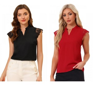 INSPIRE CHIC Women's Work Office V Neck Stand Collar Lace Cap Sleeve Basic Blouse 2 Pieces - 1 of 4