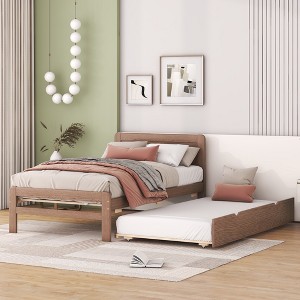 Gulches Modern Design Wooden Twin Size Platform Bed Frame with Trundle for Walnut Color - 1 of 4