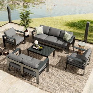 7-Seat Aluminum Patio Furniture Set – 5-Piece Outdoor Sectional Conversation Set with 4" Wide Armrests, Coffee Table & Thick Cushions, Grey - 1 of 4