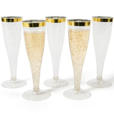 Gold Rimmed Glitter Plastic Champagne Flutes, 24 Pack