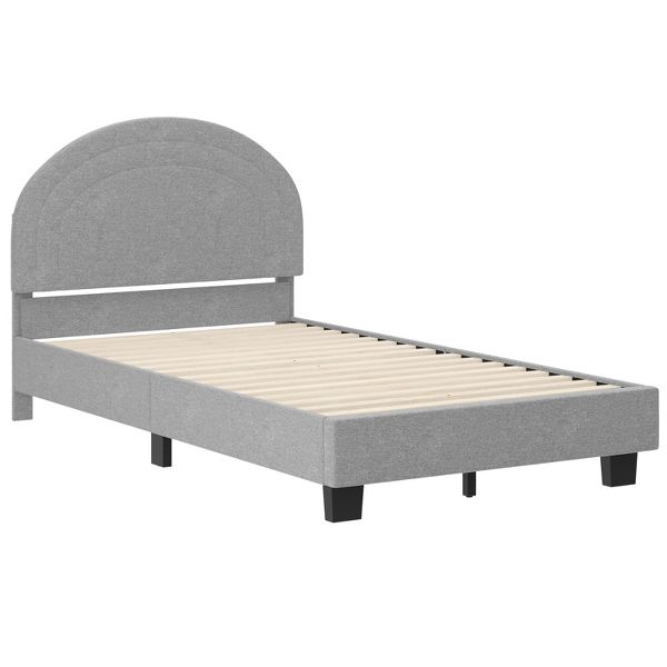 Condition photo showing New/Like New for buzz & bloom twin platform bed frame with curved headboard and wood slat foundation in gray