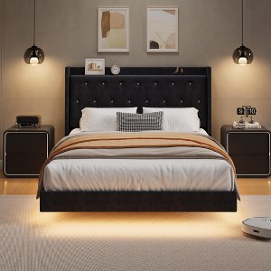 Floating Bed Frame Full Size with Storage Headboard, Velvet Upholstered Platform Bed with RGB LED Light, Wood Slats, Noise Free, Easy Assembly - 1 of 4