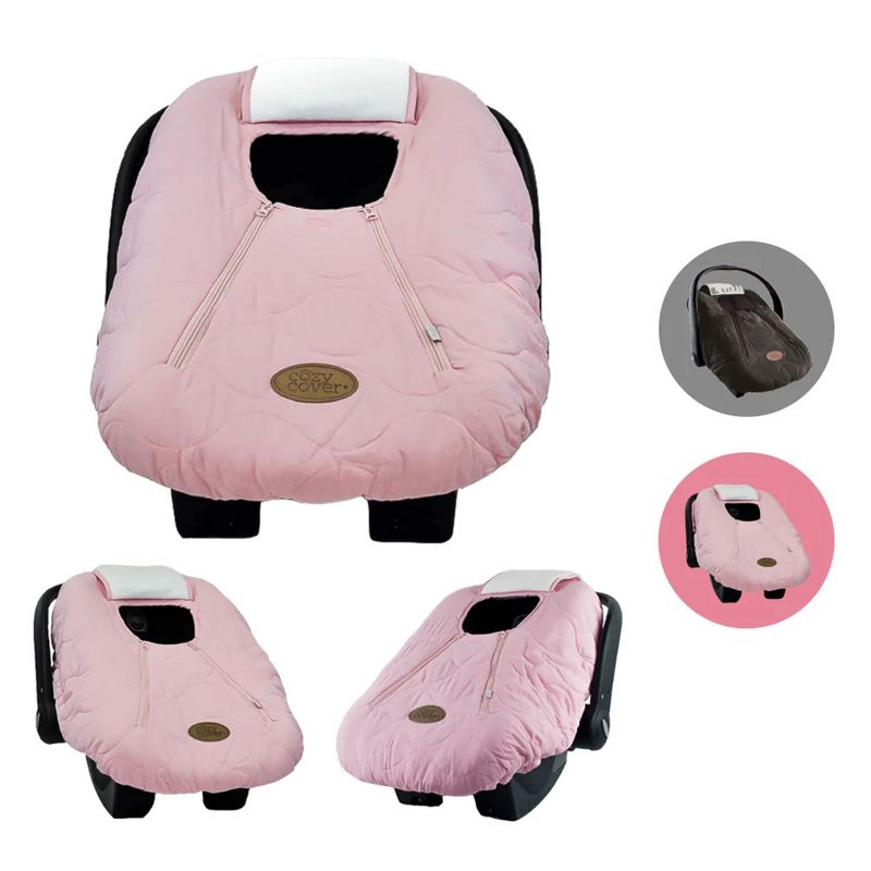 CozyBaby Cozy Cover Quilted Infant Car Seat Insulating Cover w/Dual Zippers, Face Shield, & Elastic Edge for Travel During Winter Months, Light Pink, 4 of 7