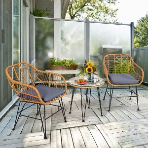 Costway 3PCS Patio Rattan Bistro Furniture Set Cushioned Chair Table - 1 of 4