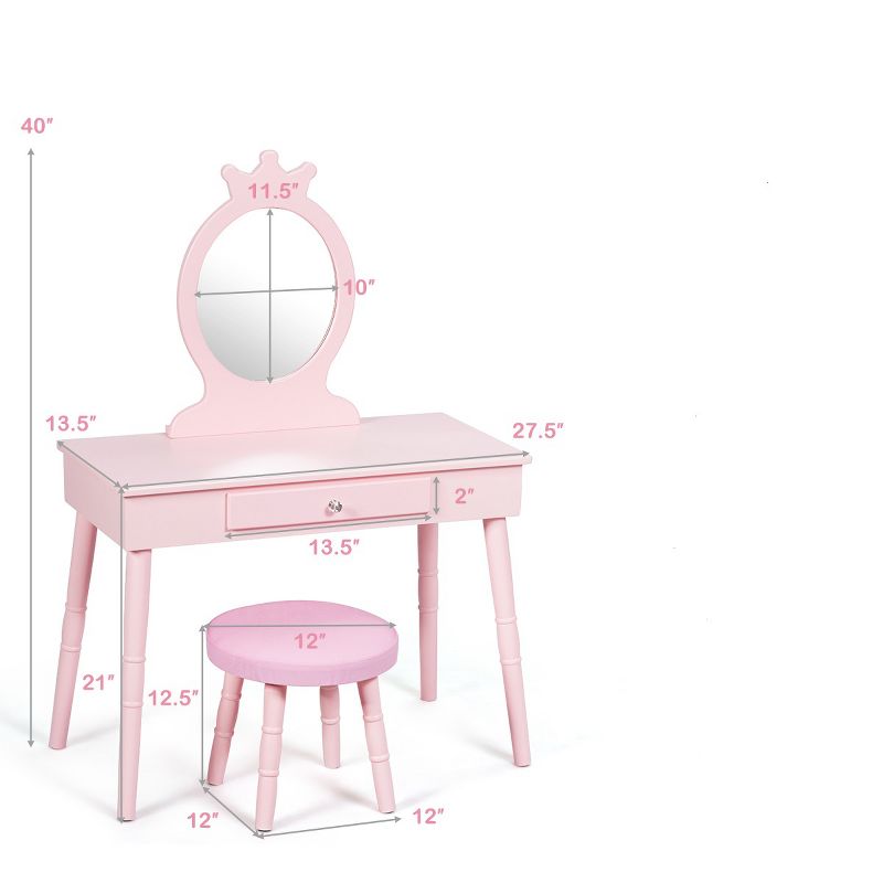 Tangkula Kids Princess Vanity Table Set w/ Chair Crown Mirror White/Pink, 3 of 8