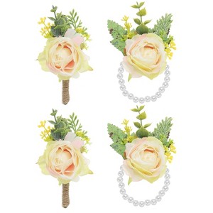 Unique Bargains Rose Wrist Corsage and Boutonnieres Fabric Adjustable Artificial Flowers 4 Pcs - 1 of 4