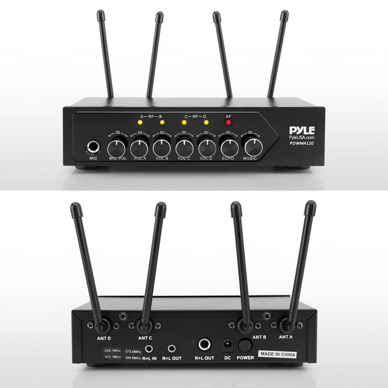 Pyle PDWM4120 Wireless Bluetooth PA Public Address Microphone System Set with Bluetooth Receiver Base and 4 Handheld Mics, 2 of 7