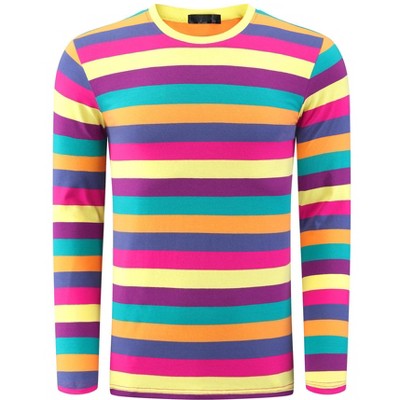 Lars Amadeus Men's Crew Neck Long Sleeves Casual Pullover Rainbow Striped T-Shirt