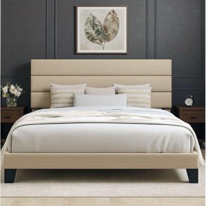 Bed Frame with Upholstered Headboard, Wooden Slats Support Black Mattress Foundation - 1 of 4