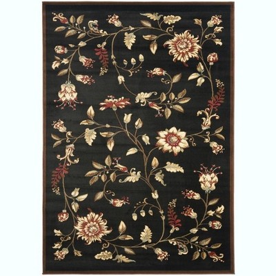 Elegant Floral Symphony 5' x 7' Black Hand-Knotted Area Rug