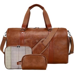 3-in-1 Leather Duffle Bag with Toiletry Bag and Shoe Compartment, Carry On Fits 21 Inch Laptop for Travel and Gym - 1 of 4