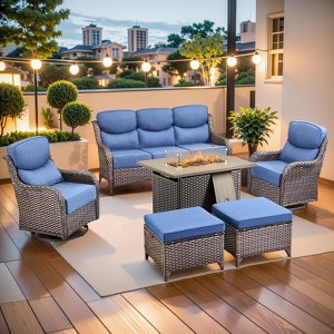 Gymojoy 6 Pieces Outdoor 6 Inch Sofa Swivel Chair Ottoman with Fire Pit Table - 1 of 4