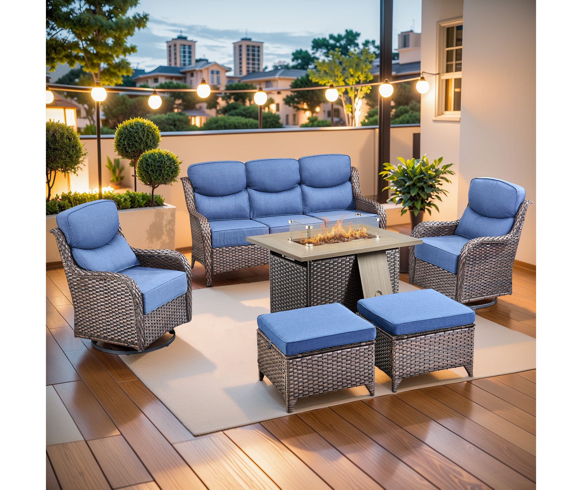 Gymojoy 6 Pieces Outdoor 6 Inch Sofa Swivel Chair Ottoman with Fire Pit Table