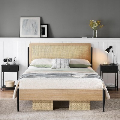 Acekool Full Size Bed Frame 2-Pack with Natural Rattan Headboard, Storage Space, Noiseless, No Box Spring, Full, Set of 2