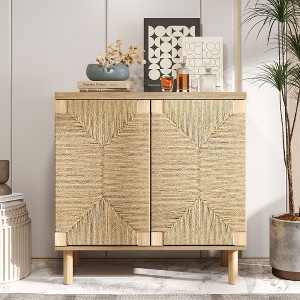 Natural Storage Cabinet, Sideboard Storage Cabinet with 2 Doors & Adjustable Shelf, Light Brown Accent Cabinet for Hallway - 1 of 4