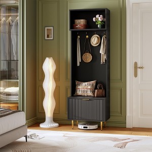 4" Hall Tree with Bench and Storage, Coat Rack with Shoe Bench, Entryway Coat Rack, Hall Tree with 4 Gold Hooks - 1 of 4