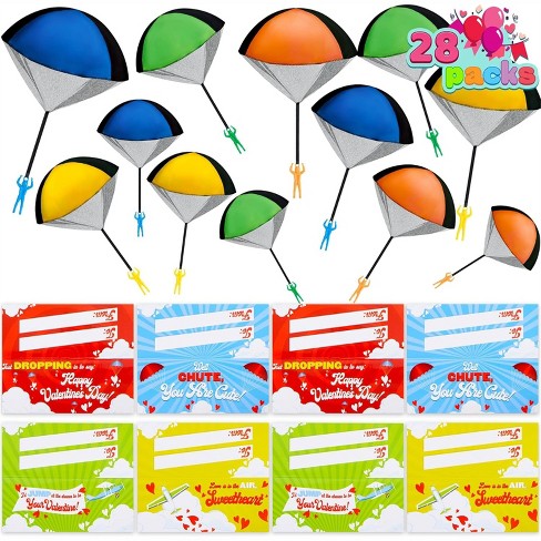 Joyfy 28 Pack Valentine's Day Parachute Toy with Cards, No Battery Throwing Hand Toy for Kids Valentine’s Party Favor, Classroom Exchange Gifts - image 1 of 4