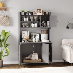 Cat Litter Box Enclosure, Hidden Cat Box - Wooden with Storage Shelves, Doors, Scratch Pad, Indoor Cats Washroom Bookshelf (Walnut) - 1 of 4