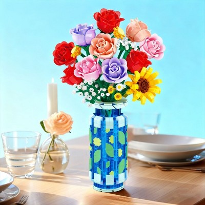 Roses Flowers Bouquet Botanical Building Set with Vase, 827PCS